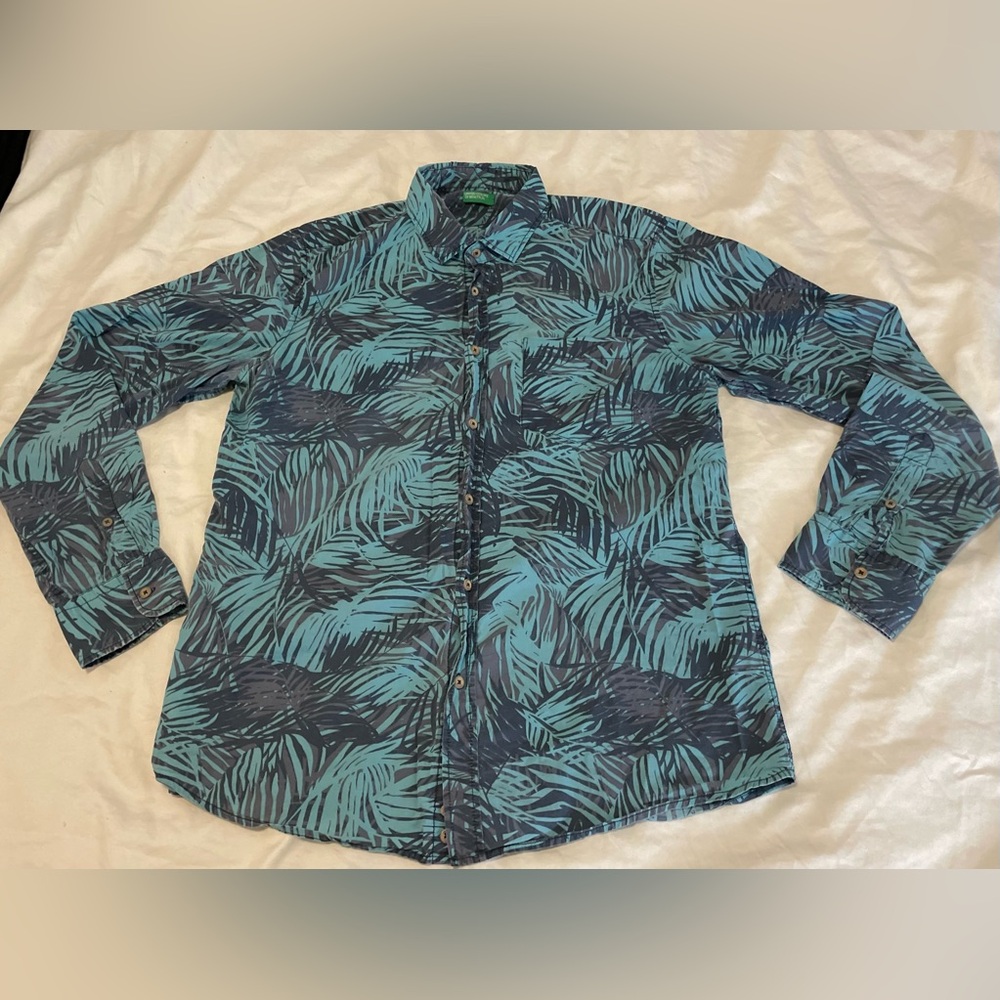 United Colors of Benetton Hawaiian Frond Leaf Long Sleeve Button Down Men’s XL
